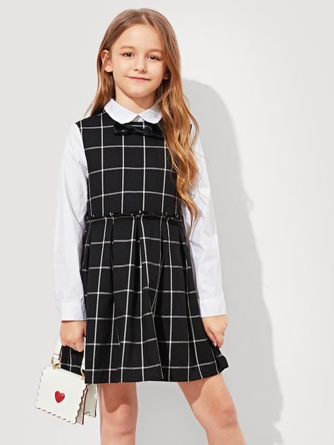 Grid Dress, Natural Clothing, Kid Clothes, Dressy Dresses, Contrast Collar, Girls Bows, Kids Wear, Girls Shopping, Dresses Online