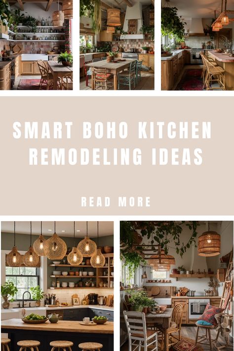 Various bohemian-style kitchen interiors showcasing plants, wooden elements, and pendant lighting. Boho Kitchen Island Ideas, Boho Kitchen Aesthetic, Boho Modern Kitchen Ideas, Rustic Boho Kitchen, Boho Modern Kitchen, Budget Friendly Lighting, Boho Farmhouse Kitchen, Kitchen Flooring Trends, Boho Chic Kitchen