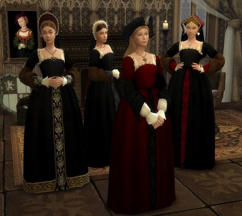 Sims 4 Tudor Cc, Sims 4 Medieval Cc, Sims 4 Medieval, Tudor Court, Fur Sleeves, Sims 4 Decades Challenge, Tudor Dress, Tudor Fashion, Vampire Dress