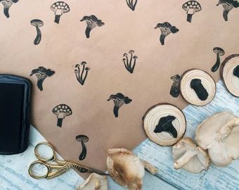 Woodland Stamp | Etsy Mushroom Stamp Diy, Mushroom Stamp, Rubber Printing, Mushroom Diy, Eco Friendly Wrapping Paper, Diy Wrapping Paper, Eco Friendly Wrapping, Blank Gift Tags, Stamp Carving