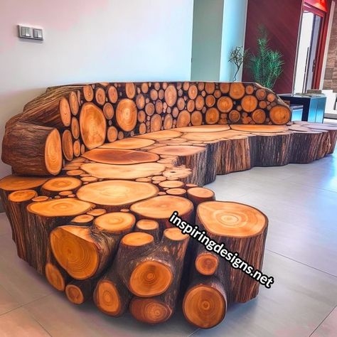 Artistic Wood Furniture, Hand Made Wood Furniture, Wooden Log Ideas, Aesthetic House Inside, Log Decorations, Olive Green Sofa, Log Wood Projects, Wooden Furniture Ideas, Wood Log Ideas