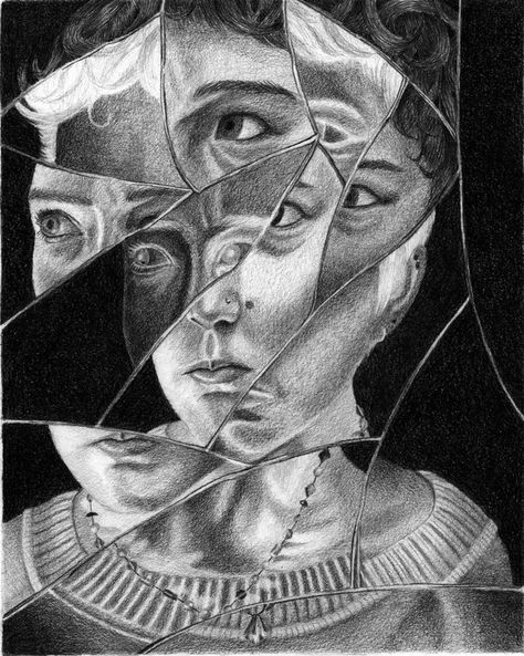 White on black drawing - fragmented / layering Fractured Portrait, Distorted Portraits, Distortion Art, Advanced Higher Art, Ap Drawing, Higher Art, Reflection Painting, Gcse Art Sketchbook, Reflection Art