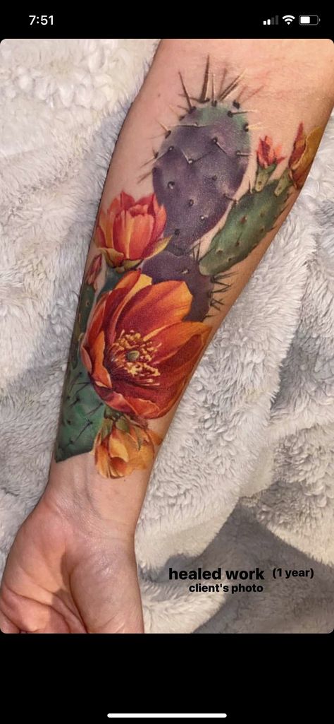 Cactus And Rose Tattoo, Colorful Desert Tattoo, Arizona Cactus Tattoo Desert Sunset, Desert Tattoo Color, Cactus Sunflower Tattoo, Mexico Art Tattoo, Succulent And Cactus Tattoo, New Mexico Themed Tattoos, Dessert Flower Tattoo