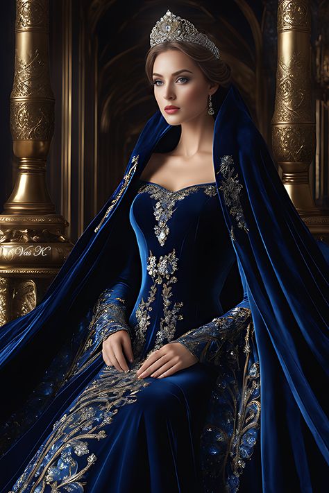 Royal blue 2, Vas K. Blue Coronation Dress, Royal Blue Queen Dress, Winter Royalty Dresses, Fantasy Coronation Gown, Queen Outfits Royal Dress, Fantasy Royal Clothing Queens, Fancy Royal Outfits, Medevial Dresses Royal, Blue Princess Dress Royal