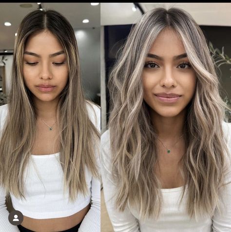 Bronde Dimension Hair, Cool Blonde Hair Color Dark Roots, Blond Balayage On Black Hair, Dark Root Balayage Brunettes Ash Blonde, Dark Brown Smudge Root Blonde, Ash Blonde Ombre On Dark Hair, Light Brown Root Smudge, Brown Roots Blended Into Blonde, Ash Bronde Haircolor Balayage