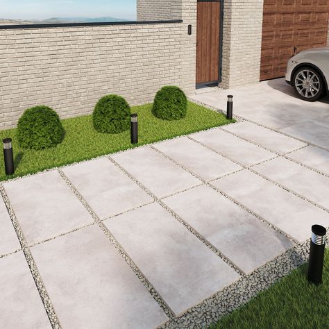 Perimeter Landscaping, Front Yard Walkway Ideas, Yard Walkway Ideas, Front Yard Walkway, Garden Slabs, Yard Walkway, Modern Driveway, Outdoor Porcelain Tile, Concrete Deck