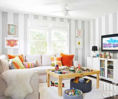 Grey And White Striped Wall, Kid Friendly Living Room, Family Friendly Living Room, Living Room Playroom, Kids Living Rooms, Striped Walls, Living Room Organization, Design Del Prodotto, Family Room Design