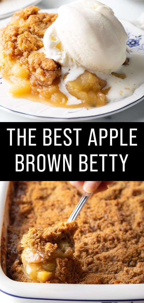 This Apple Brown Betty (apple crisp) is a classic dessert that’s delicious any time of year! Frozen Apple Desserts, Brown Apple Betty Recipe, Apple Brown Betty Pioneer Woman, Easy Apple Betty Recipe, Apple Betty Recipe With Oats, Apple Crisp Betty Crocker, Easy Green Apple Dessert, Southern Apple Crisp, Stovetop Apple Dessert