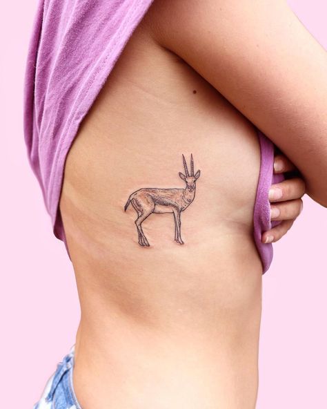 Gazelle Tattoo Design, Gazelle Tattoo, Antelope Tattoo, Tattoo On Ribs, Random Animals, Underboob Tattoo, London Tattoo, Line Work Tattoo, Dot Work Tattoo