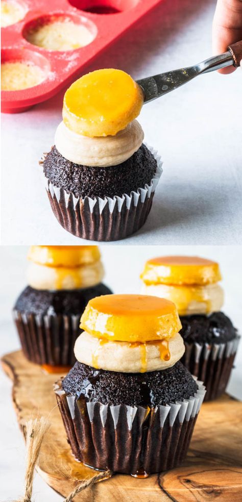 Ube Flan Cupcake Recipe, Flan Cupcakes, Mini Flan, Country Desserts, Chocolate Flan, Salted Caramel Buttercream, Tacos Recipes, Food Desert, Flan Cake