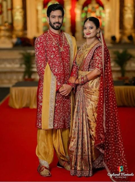 Groom Marriage Dress Indian, Wedding Couple Saree And Suit, Pattu Red Blouse Designs, Bridal Sarees For Wedding Indian, Marathi Couple Wedding Dress, South Indian Couple Wedding Outfit, Bride And Groom South Indian Wedding Outfit For Reception, Indian Couple Wedding Outfit, Wedding Couple Outfits Indian