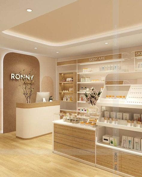 Skin Care Store Interior Design, Skin Care Store Design, Cosmetic Interior Design, Spa Organization Ideas, Cosmetic Shop Design Ideas, Cosmetic Store Design Interiors, Cosmetics Shop Design Store Interiors, Small Pharmacy Design, Cosmetic Shop Interior Design