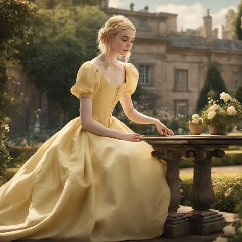 AI Elle fanning Victorian yellow dress garden edit Victorian Dress Yellow, Yellow Fairy Costume, Elle Fanning Aesthetic, Victorian Dress Aesthetic, Yellow Ballgown, Sister Lily, Vintage Princess Dress, 2025 Vibes, Victorian Era Dresses