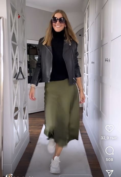 Olive Skirt Outfit Winter, Khaki Satin Skirt Outfit, Olive Green Satin Skirt Outfit, Olive Green Skirt Outfit, Green Leather Skirt Outfit, Green Satin Skirt Outfit, Silk Midi Skirt Outfit, Suede Skirt Outfit, Green Satin Skirt