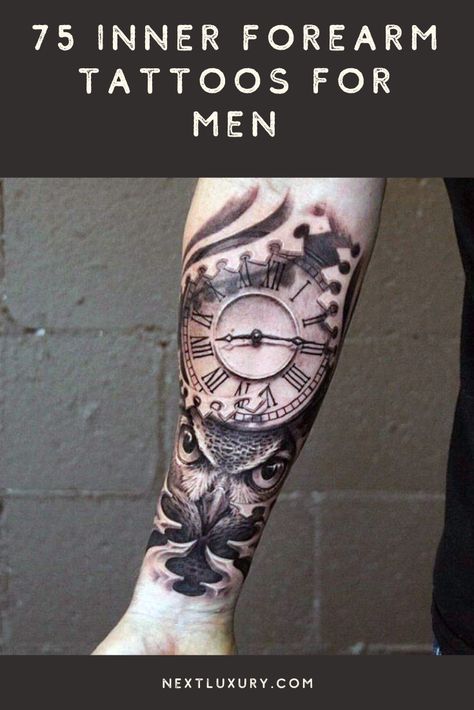 There is a lot of suave initiative shown in a perfectly presented inner forearm tattoo. To make a big name for your body art inclinations, this is sincerely the top way to go.For a wittily metropolitan approach to ink, guys are testing the waters with inner forearm tattoos. #nextluxury #tattooideas #tattoodesigns Cool Men Forearm Tattoos, Inner Forearm Cover Up Tattoo Men, Inner Forearm Tattoo Sleeve, Posterior Forearm Tattoo, Inner Forearm Tattoo Cover Up, Inner Sleeve Tattoo Men, Wrist Tattoo Cover Up Ideas For Men, Forearm Coverup Tattoo Design For Men, Forearm Tatooes Man