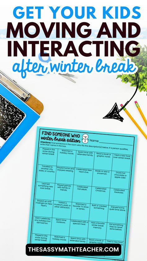 This find someone who - winter break edition worksheet is the perfect way to ease back into school after winter break! Returning To School After Winter Break, Return From Winter Break Activities, Winter Back To School Activities, Return From Winter Break Activities Middle School, Back From Break Activities, First Day Back From Winter Break, Back To School Winter Break Activities, Back To School After Winter Break, After Winter Break Classroom Activities