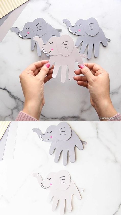 Elephant Handprint - such a cute elephant craft for kids! School Kids Crafts, Elephant Crafts, Toddler Arts And Crafts, Preschool Arts And Crafts, Flower Paper, Hand Crafts For Kids, Preschool Art Activities, Animal Crafts For Kids, Handmade Paper Crafts