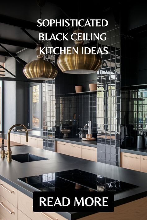 Modern kitchen with sleek black ceiling, gold pendant lights, and a minimalist island, promoting design ideas. Black Ceiling Kitchen, Black Ceilings, Kitchen Ceilings, Kitchen Flooring Trends, Kitchen Tile Inspiration, Ensuite Bathroom Designs, Industrial Chic Kitchen, Black Metal Roof, Rustic Industrial Kitchen