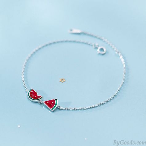 Creative Asymmetrical Watermelon Cute Fruit Bracelet Dainty Jewelry Gift For Girl Sterling Silver Bracelet Minimalist Accessories Jewellery, Fruit Bracelet, Fruit Watermelon, Sterling Silver Anklet, Bracelet Dainty, Cute Fruit, Silver Anklets, Moon Jewelry, Valentines Jewelry