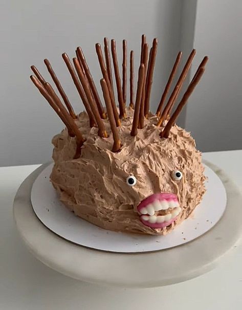 Heghog Cake Fail, Headchog Cake, Ugly Hedgehog Cake, Cursed Hedgehog Cake, Ugly Cakes Funny, Alternative Birthday Cake Ideas, Porcupine Cake, Silly Cakes, Weird Cakes