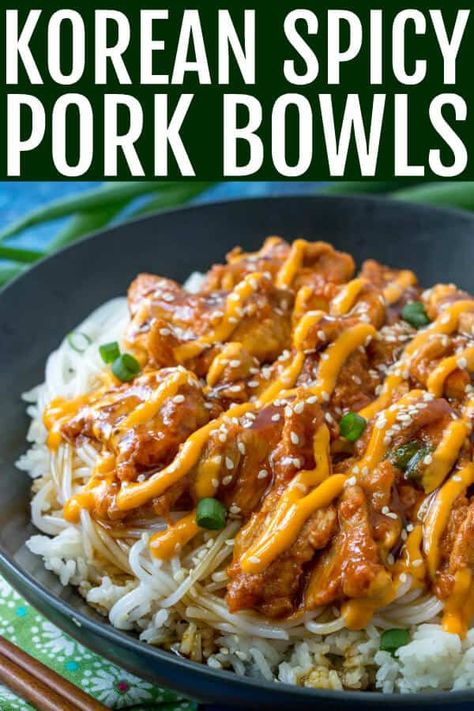 Pork Bulgogi Bowl, Korean Spicy Pork, Pork Bowls, Korean Pork, Sriracha Mayo, Sweet Potato Noodles, Spicy Korean, Marinated Pork, Sweet Heat