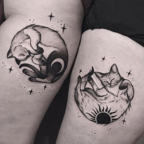 Cat And Moon Tattoo Design, Cat Sun And Moon Tattoo, Cat Sun Tattoo, Blackwork Cat Tattoo, Cat And Sun Tattoo, Sun Cat Tattoo, Ying Yang Cat Tattoo, Moon Tattoo Women, Goth Cat Tattoo