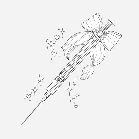 🎀💉⭐❤️ How To Draw A Syringe, Butterfly Needle Phlebotomy Tattoo, Syringe Drawing Reference, Syringe Tattoo Design, Phlebotomy Tattoo Ideas, Pill Bottle Tattoo, Nursing Tattoos For Women, Pill Bottle Drawing, Syringe Tattoo