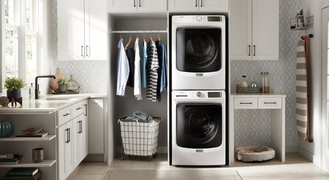 White Maytag® stacked washer and dryer in a laundry room Washer Dryer Laundry Room, Stacked Laundry Room, Dream Laundry Room, Stackable Washer And Dryer, White Laundry, Laundry Room Layouts, Laundry Room Renovation, Gas Dryer, Laundry Room Remodel