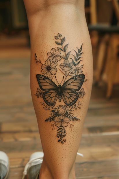 Shoulder Tattoos For Women Non Floral, Butterfly Tattoo Calf For Women, Women’s Tattoo Back Of Leg, Women’s Small Leg Tattoos, Woman’s Leg Tattoos, Woman Calf Tattoo Ideas, Pretty Tattoos For Women Leg, Front Leg Tattoos Women, Leg Tattoos Women Calf