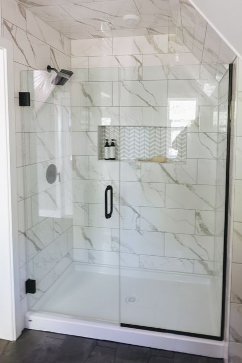 Tile Shower 12x24 Tiles, Bathroom Tile Ideas Wall Farmhouse, Modern Farmhouse Shower Tile Wall, Bathroom Shower Stall Tile Ideas, Modern Farmhouse Shower Tile Ideas, Large Bathroom Shower Tile, Shower Floor Tile Ideas Modern, Modern Farmhouse Bathroom Shower Tile, Trending Shower Tile