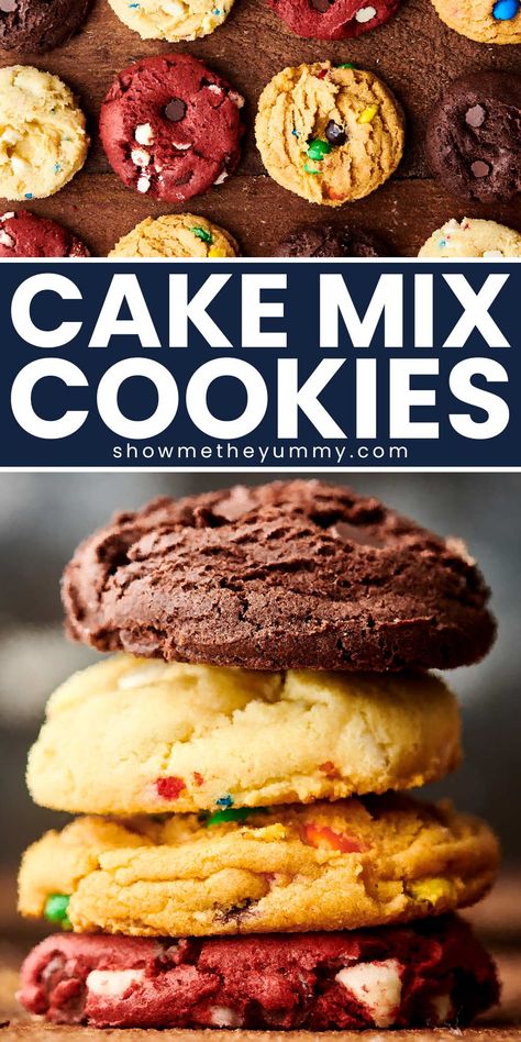 These Cake Mix Cookies can be made with any combination of cake mix, pudding mix, and mix-ins! These ultra fluffy cookies are quick, easy, and delicious. How To Make Box Cake Cookies, Chewy Cake Mix Cookies, Cookie Recipes Made With Cake Mixes, Vanilla Cake Mix Cookies Recipes, Cookie Recipe With Cake Mix Easy, Chocolate Cookies Made From Cake Mix Boxes, Cake Mix Butter Cookies, Cookie From Cake Mix Recipes, Cookie Recipes From Cake Mixes