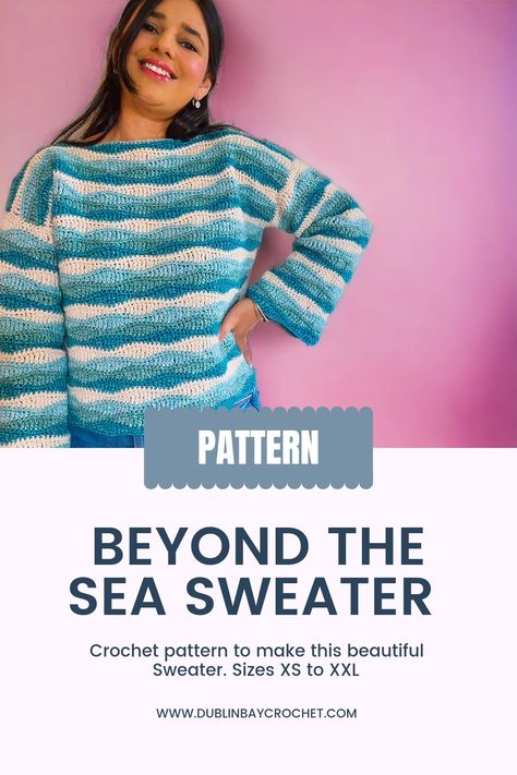 Crochet sweater with waves that look like the ocean Crochet Waves, Sea Crochet, Sweater Pattern Crochet, Mermaid Crochet Pattern, Wave Stitch, Wave Sweater, Crochet Sweater Pattern, Beyond The Sea, Stitch Shirt