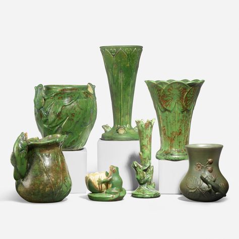 WELLER POTTERY, Collection of seven works | Toomeyco.com Weller Pottery, Pottery Collection, European Art, Bud Vase, Water Lilies, Bud Vases, Frogs, Earthenware, Pottery Art