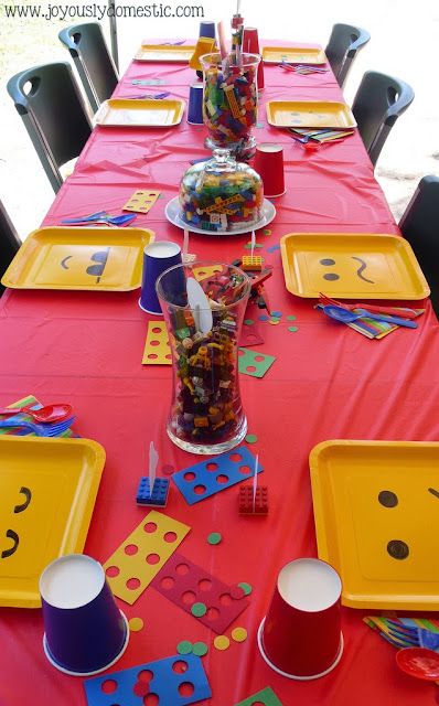 Joyously Domestic: Lego Party Legos Birthday, Lego Movie Party, Lego Themed Party, Ninjago Party, Lego Birthday Party, Lego Birthday, Lego Party, 6th Birthday Parties, 4th Birthday Parties