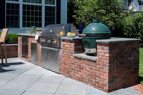 Bbq Area Ideas Outdoor Brick, Backyard Brick Grill Ideas, Outdoor Kitchen Against The House, Brick Bbq Area Ideas Outdoor, Brick Built Bbq, Brick Outdoor Kitchen, Brick Grill, Outdoor Grill Area, Deck Outdoor