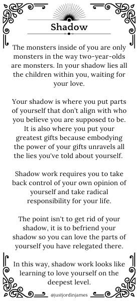 Shadow: Self-Discovery Card. Shadow work looks like learning to love… | by Jordin James | Just Jordin | Medium How To Start Shadow Work For Beginners, Shadow Self, Shadow Magic, Shadow Work Spiritual, Art Journal Prompts, Writing Therapy, Emotional Awareness, Journal Writing Prompts, Self Love Affirmations