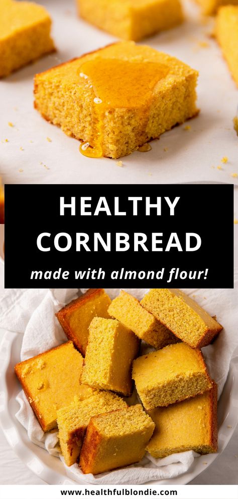 Best ever healthy cornbread recipe made gluten free with almond flour. It is moist and buttery with crisp edges; so good that it tastes better than the real thing! Almond Flour Cornbread, Healthy Cornbread Recipe, Cornbread Gluten Free, Low Carb Cornbread, Gluten Free Cornbread Recipe, Healthy Cornbread, Blondie Recipes, Gluten Free Tacos, Gluten Free Cornbread