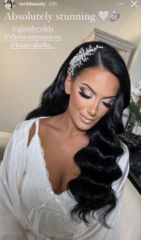 Wedding Hair Black Hair Down, Black Bride Hairstyles Weave, Bride Hair With Headpiece, Hollywood Curls With Hair Piece, Weeding Idea Dress, Black Hair Hairstyles Wedding, Wedding Hairstyles Long Black Hair, Bride Hairstyle 2023, Dramatic Bridal Hair