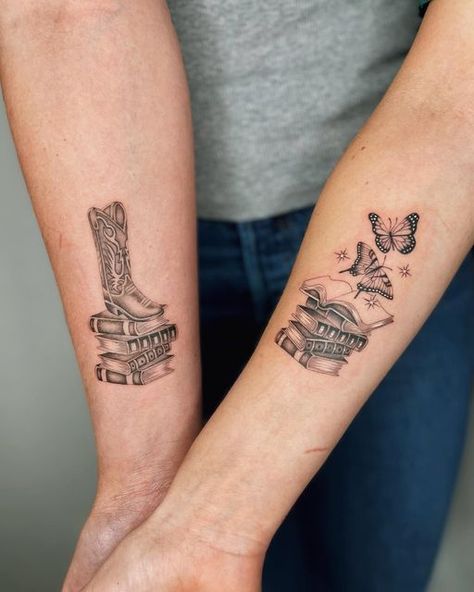 Matching Tattoos For Book Lovers, Bff Book Tattoos, Sister Tattoos Books, Best Friend Tattoos Books, Bookish Best Friend Tattoos, Matching Book Tattoos For Best Friends, Romance Book Tattoo Ideas, Matching Best Friend Book Tattoos, Best Friend Tattoos Cowboy Boots