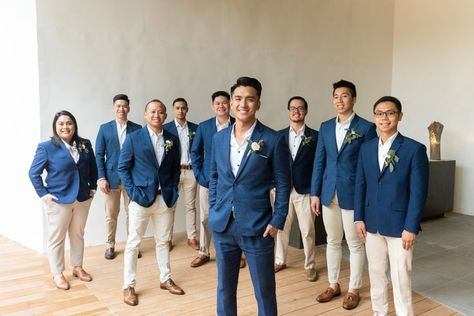 Groomsmen Outfits Navy Blue, Groom Blue Suit Groomsmen Khaki, Navy Blue And Khaki Wedding, Wedding Groomsmen Attire Navy, Navy And Khaki Groomsmen, Khaki Pants Wedding, Blue And Khaki Wedding, Groomsmen Khaki Pants, Khaki Groomsmen