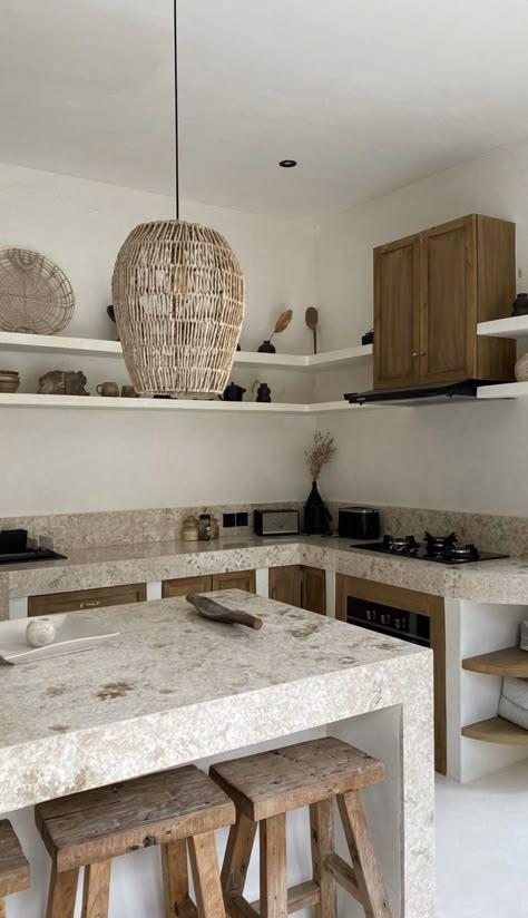 Wabi Sabi Kitchen, Mediterranean Kitchen, Oak Kitchen Cabinets, Minimalist Kitchen Design, Kitchen Room Design, Kitchen Inspiration Design, Kitchen Tops, Concrete Countertops, Minimalist Kitchen