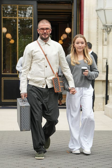 David Beckham and daughter Harper were pictured adorably holding hands on a coffee outing yesterday in the French capital after wife's Victoria's show on Friday David Beckham Aesthetic, David Beckham Daughter, Harper Seven Beckham, Victoria Show, Pink Satin Gown, Harper Beckham, Romeo Beckham, Victoria And David, David And Victoria Beckham