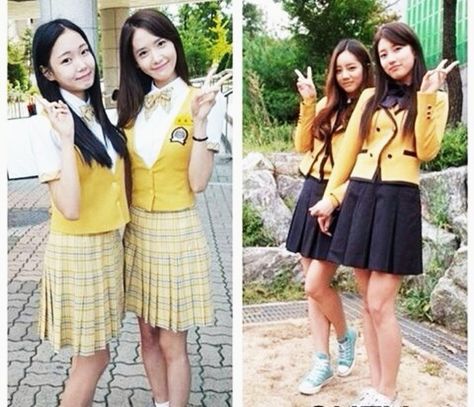 Yellow uniforms Outfit Ideas For School Uniform, Redvelvet Irene, School Uniform Fashion, Famous Outfits, Yoona Snsd, Hyun A, Missing U, Bts And Exo, School Dresses