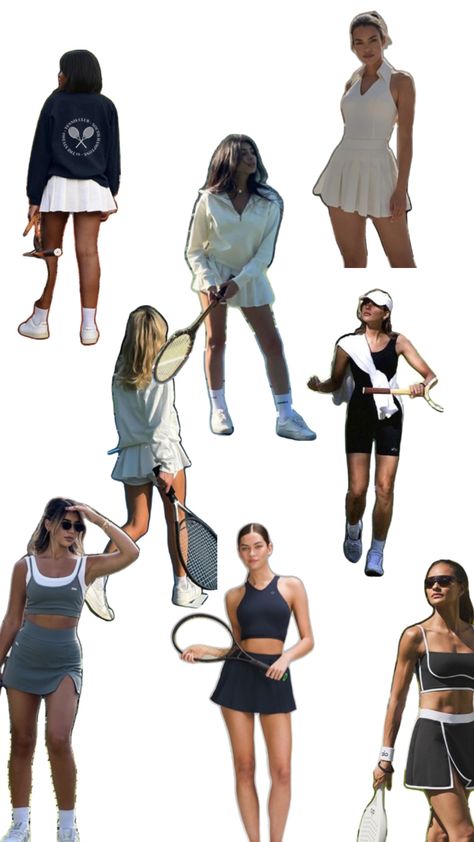 Blue tennis outfits, black tennis outfits and white tennis outfits. All matched with white shoes and cute hates to protect you from the sun while playing tennis. Squash Game, Cute Tennis Outfit, Tennis Outfit, Workout Outfit, Tennis Clothes, Wimbledon, Golf Outfit, Pickleball, What To Wear