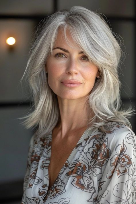 40 Hairstyles 50 Year Old Women Will Find Chic and Stylish 81 Bangs For 50 Year Old Women, Hairstyles 50 Year Old Women, Bob With Bangs Hairstyles, 50 Year Old Hairstyles, 40 Hairstyles, Long Bob With Bangs, Grey Hair Looks, Classic Updo, Old Hairstyles