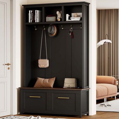 Farmhouse Wooden Style 78''H Modern Hall Tree with Wide Storage Seating Bench, Entryway Shoe Cabinet with 13 Compartments, Elegant Coat Rack with 6 Hooks for Mudroom, Living room, Black Color: Black | Lark Manor™ Hall Tree in Black | 76.60" H X 47.20" W X 15.50" D | Wayfair Organizing Shoes, Storage Entryway, Entryway Coat Rack, Entryway Cabinet, Studio Color, Entry Way Design, Brown Living Room, Cabinet Storage, Hall Tree