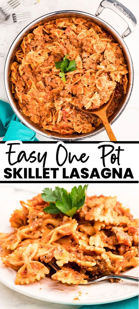 Bowtie Skillet Lasagna, Easy Lasagna Skillet, Lasagna Bowtie Pasta, Dinner Ideas Stovetop Meals, Lasagna With Bow Tie Pasta, Meals With Bowtie Pasta, Cheap Stove Top Dinner Ideas, Skillet Pasta Recipes Ground Beef, Stovetop Pasta Recipes