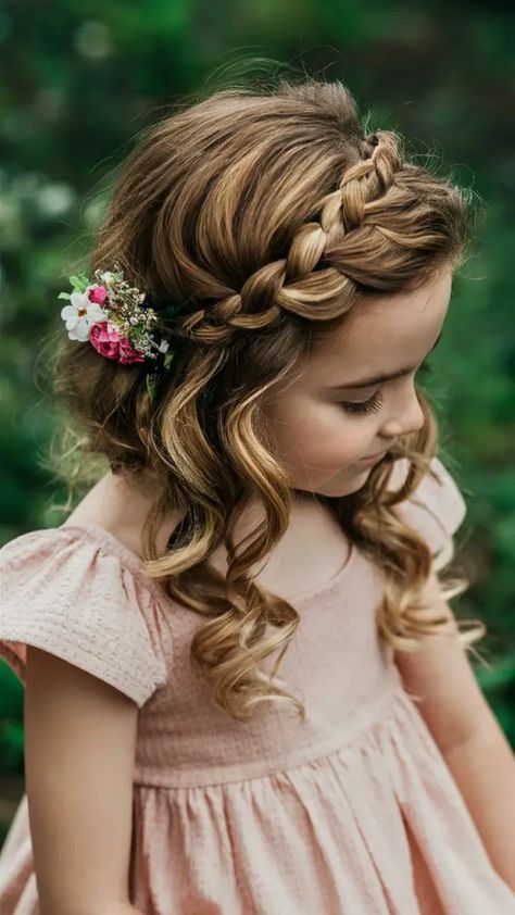 Trendy Braid Hairstyles for Kids 2025: Cute, Easy, and Creative Styles to Try Girls Flower Girl Hair, Girls Hair Styles For Weddings, Wedding Hair For Flower Girl, Flower Girl Hairstyles Braid, Girl Wedding Hairstyles Kids, Cute Birthday Hairstyles For Kids, Wedding Flower Girl Hairstyles, Flower Girl Hairstyles With Headband, Childrens Wedding Hair