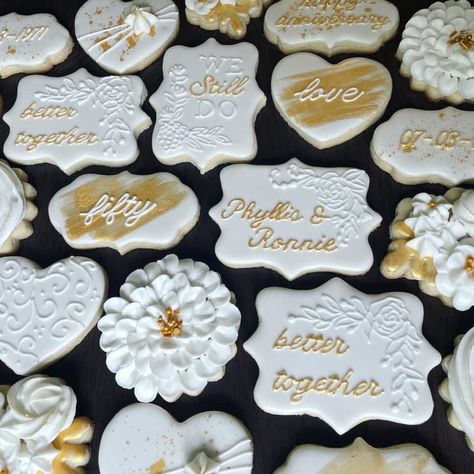 50th Anniversary Cookies Royal Icing, 50th Anniversary Cookies Decorated, 50th Wedding Anniversary Cookies, Anniversary Sugar Cookies, 50th Anniversary Cookies, 65th Wedding Anniversary, 50th Wedding Anniversary Decorations, 50th Wedding Anniversary Cakes, 40th Anniversary Party