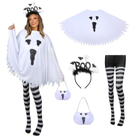 KUIRAN 4 PCS Halloween Costume Set for Women Adult Ghost Costume, Ghost Costume Poncho, Candy bag, Ghost Headband and Nylon Striped Tights for Halloween Cosplay Party Woman Ghost Costume, Ghost Halloween Costume Women, Ghost Costume Women Diy, Cute Ghost Costume For Women, Diy Ghost Costume For Women, Diy Adult Ghost Costume, Adult Ghost Costume Woman, Halloween Costumes Ghost, Diy Ghost Costume